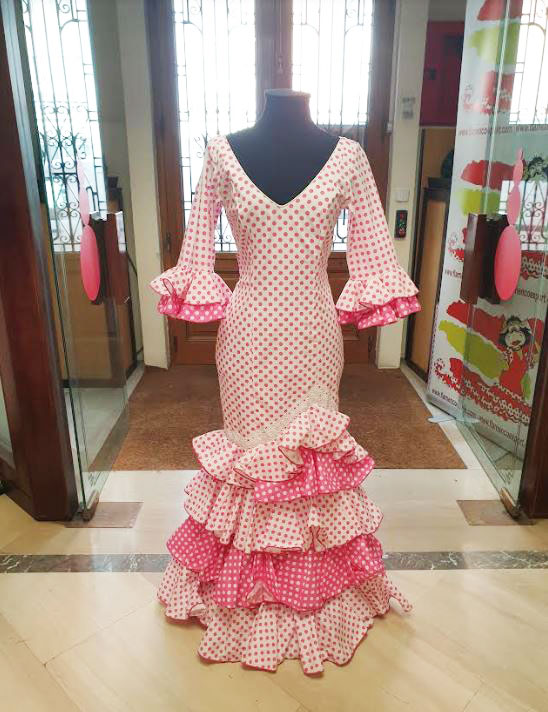 T 38. Vestido de Flamenca Outlet. Mod. Alegría Lunares Rosa. Talla 38